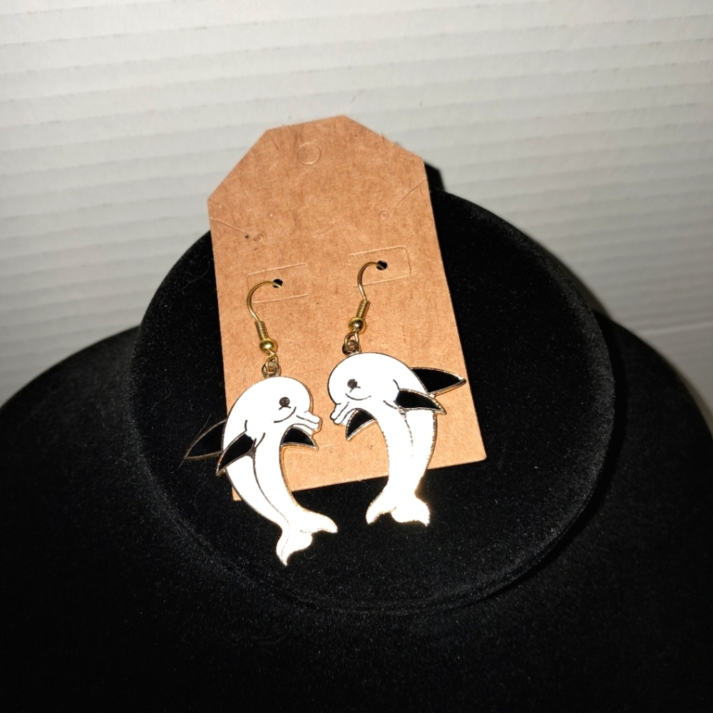 Enamel Dolphin White and Black Dangle Earrings